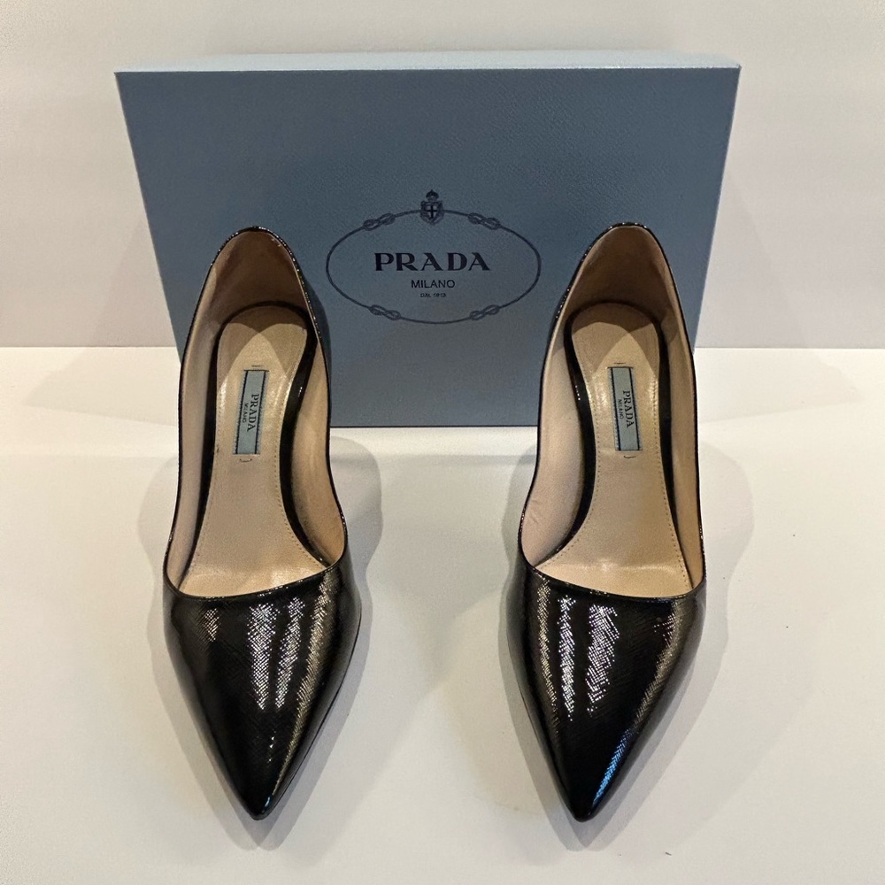 Prada Black Patent Leather Heels with Dust Bags